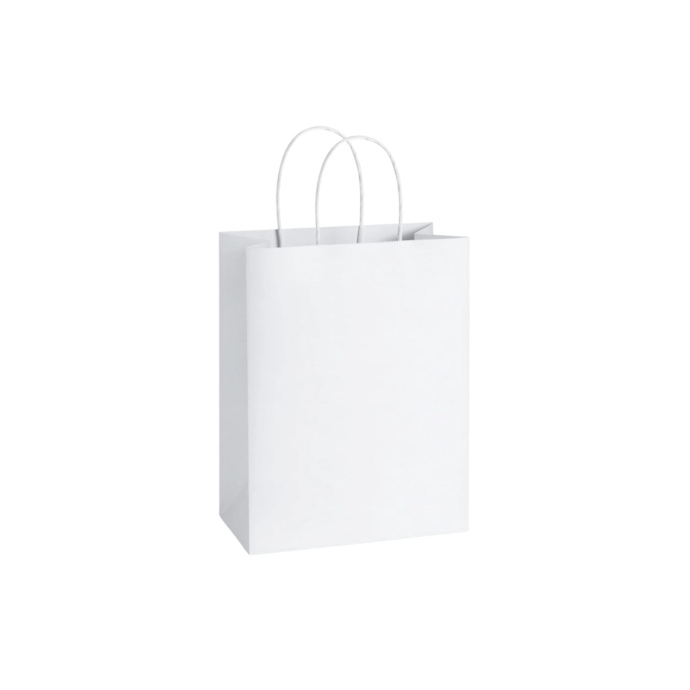 Bolsa ecológica de papel Kraft blanco con manija | 20 cm x 12 cm x 25 cm