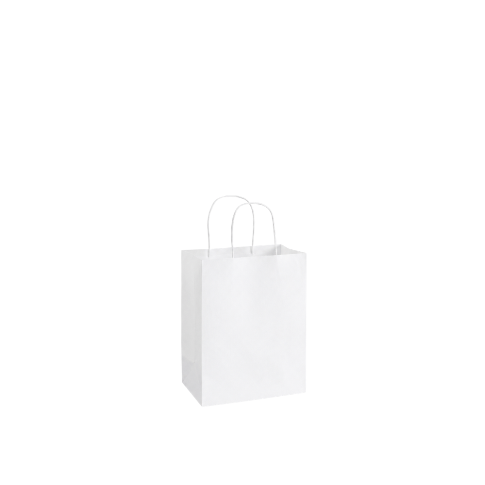 Bolsa ecológica de papel Kraft Blanco con manija | 14 cm x 8 cm x 21 cm
