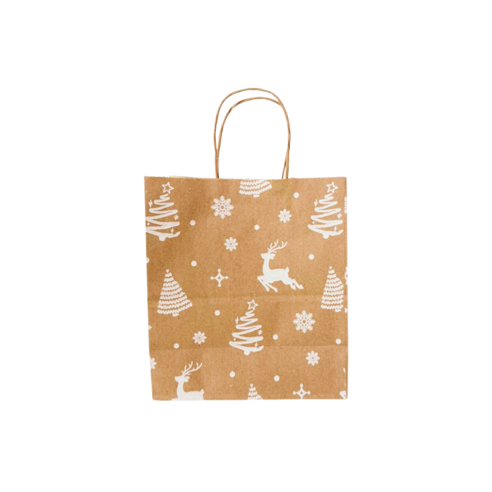Bolsa ecológica de papel Kraft con manija | 20 cm x 12 cm x 25 cm Navidad