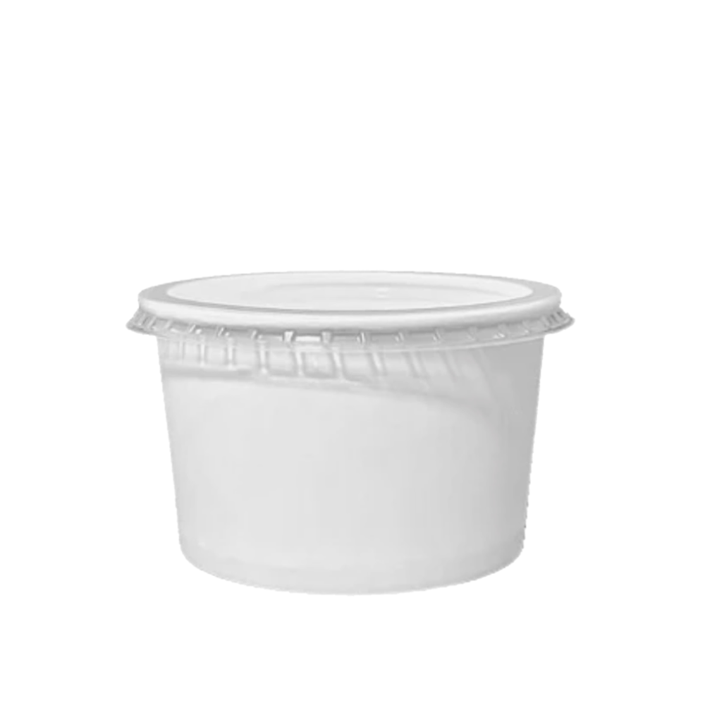 Tazón blanco de cartón con tapa plana en PET | 8 oz - 236 ml