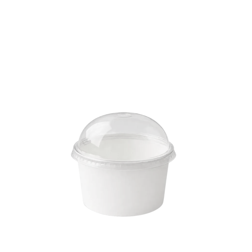 Tazón blanco de cartón con tapa Domo | 4 oz - 118 ml
